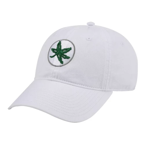 white hat with a helmet decal on the front