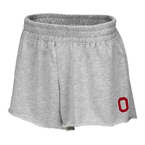 Gray shorts with a red Block O logo on the side 