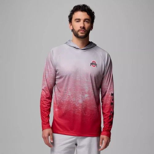 One model wears a gray and red hoodie and faces the camera 