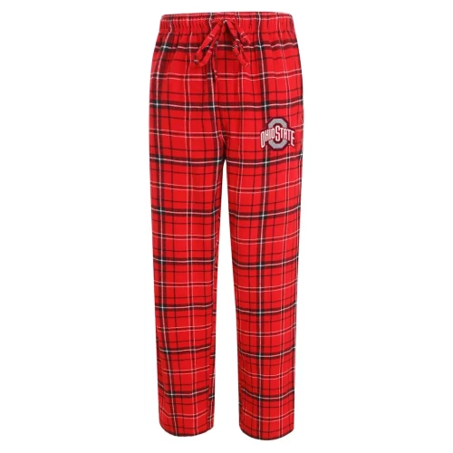 A pair of red and black plaid flannel pajama pants featuring an elastic drawstring waistband and the Ohio State logo on the left hip.