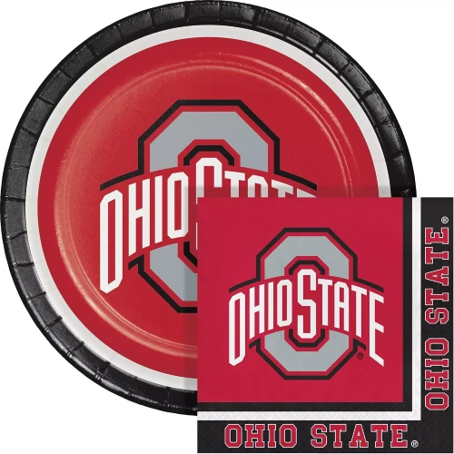 An Ohio State Buckeyes set featuring a circular round paper plate with the Ohio State logo overlapping a larger red and white patterned plate against a clean white background.