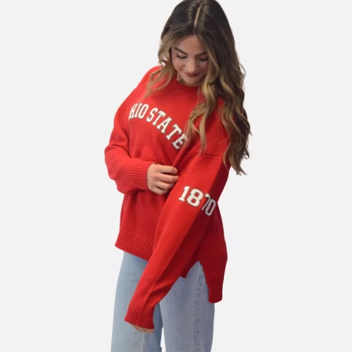 red ohio state sweater with an ohio state logo across the front in white and 1870 across the side