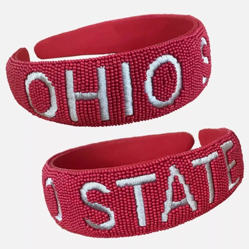Red headband with red small beads, has the words Ohio State embroidered across the top. of the headband.