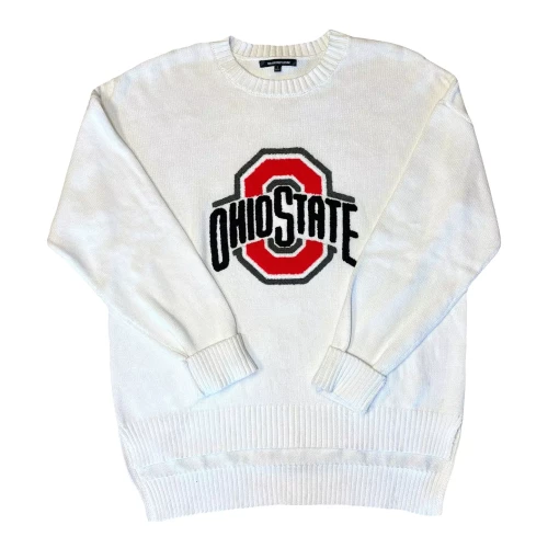 white sweater with an ohio state logo in the center chest 