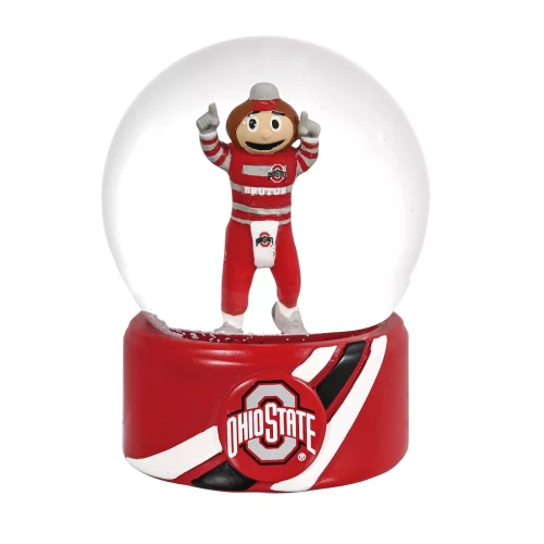 Brutus stands with both hands up in an Ohio State themed snow globe