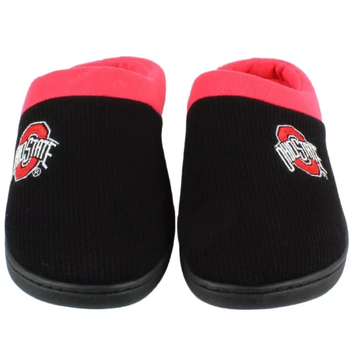 black clog slippers with red border and an ohio state logo on each foot 