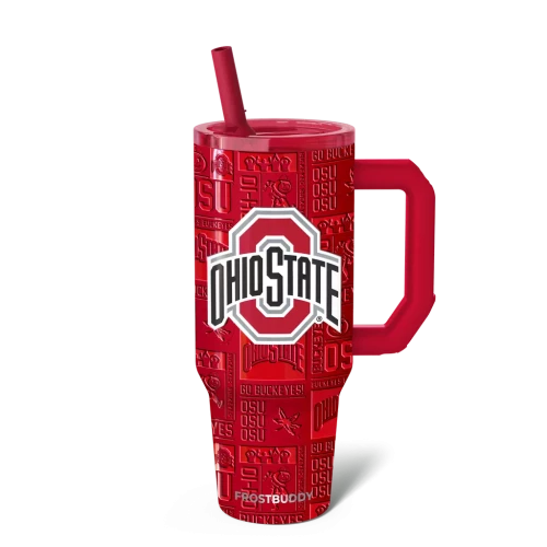 A red and white patterned Ohio State Buckeyes insulated tumbler with a matching handle, straw, and block logo design against a clean white background.