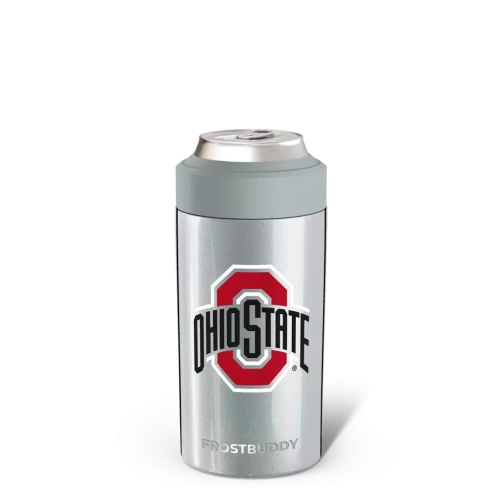 silver can cooler with scarlet, white, and black Ohio State Athletics logo centered all against a white background