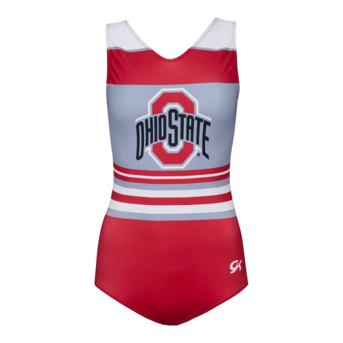 red, white and gray ohio state leotard on a white background 