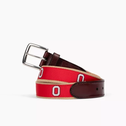 leather belt with red accents and gray Block O logos 