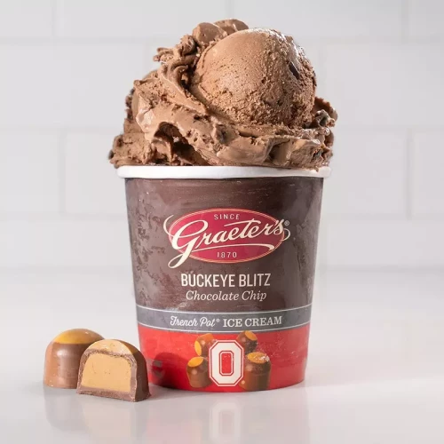 graeter's buckeye blitz pint with 2 buckeyes next to it 