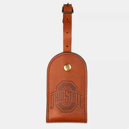 tan leather luggage tag with an ohio state logo on it 