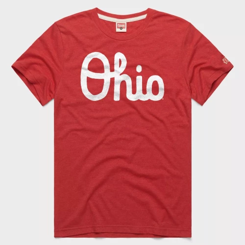 red t shirt flat lay with white script ohio on the chest