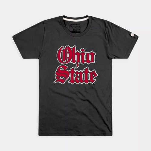 A black Ohio State Buckeyes t-shirt featuring the vintage red and white gothic 