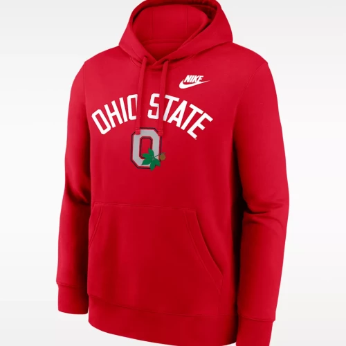 Red pullover with Ohio State in block letters arched at the top in the center with a gray block o underneath with a green buckeye leaf and the white nike logo in the top right corner