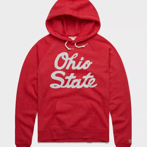 Red hoodie with gray Ohio State block letters in cursive, in the center and tan drawstrings