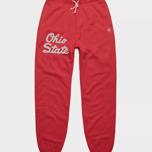 Red sweatpants with gray Ohio State in cursive on the top left pant leg and homage logo on the top right pant leg and tan drawstrings