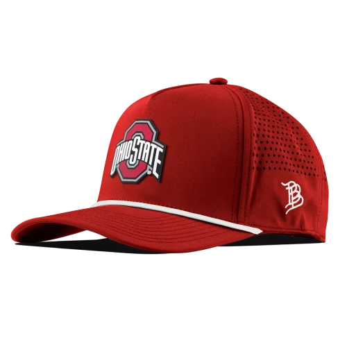 Red curved five panel hat with block o and ohio state sign in the center