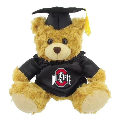 tan plush bear with a balck grad cap on its head and a black shirt with an ohio state logo on the front 
