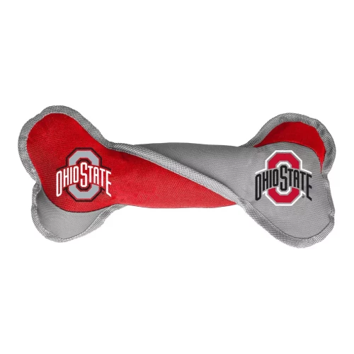 red and gray dog tug bone toy with ohio state logos 