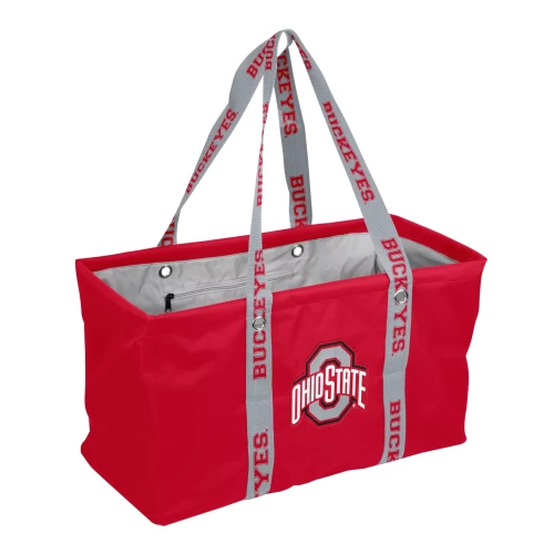 red picnic caddy with gray straps and an ohio state logo on the side 