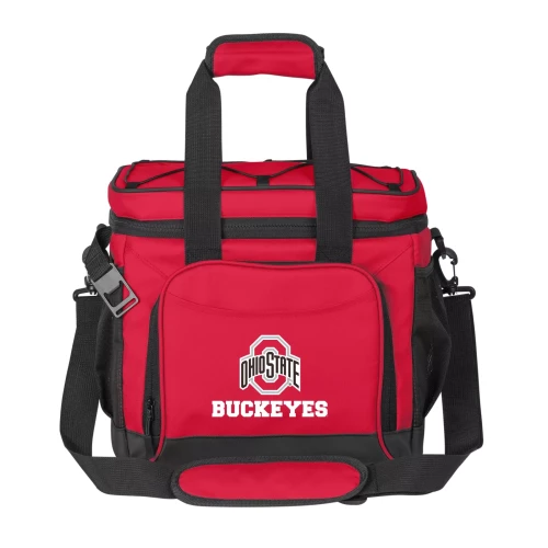 Black and red can cooler with straps and Ohio State Buckeyes logo and text on the side 