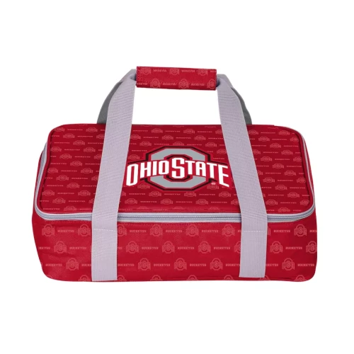 An Ohio State Buckeyes red patterned cooler bag featuring gray webbed carrying handles, a wraparound zipper, and the 