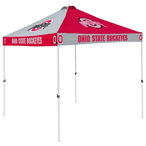 An Ohio State Buckeyes pop-up canopy tent featuring a scarlet and gray alternating panel roof, white support legs, and prominent Ohio State logos on the valances against a clean white background.