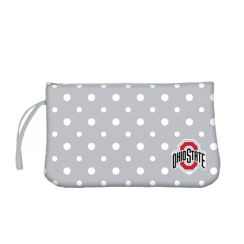 A gray and white polka-dot Ohio State Buckeyes wristlet featuring a gray wrist strap and the official logo in the bottom right corner against a clean white background.