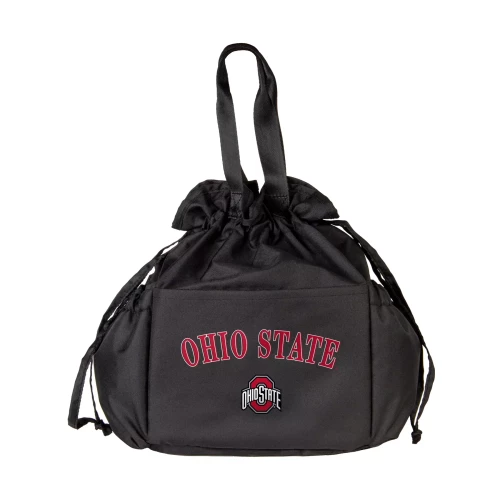 A black Ohio State Buckeyes lunch bag featuring an adjustable strap and the official logo on the front against a clean white background.
