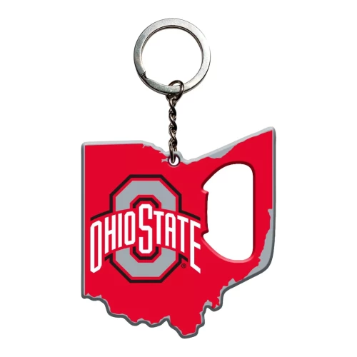 An Ohio State map-shaped metal keychain bottle opener featuring a red fill and the Ohio State logo against a clean white background.