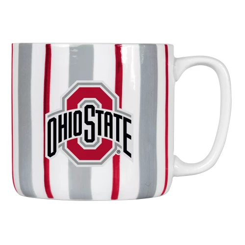 red white and gray striped Ohio State mug