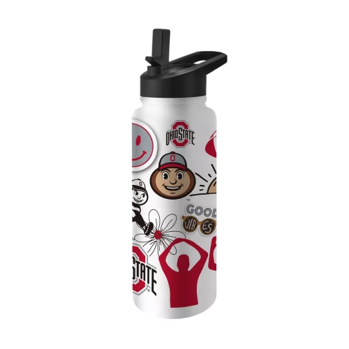 A white stainless steel water bottle featuring a black cap with a carry loop, covered in a variety of Ohio State Buckeyes stickers including Brutus Buckeye and team logos, against a clean white background.