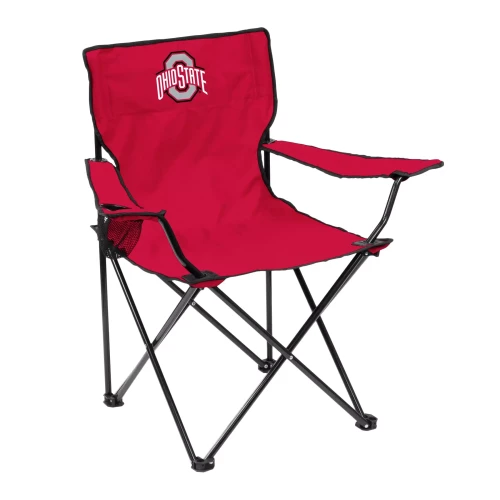 A red portable quad folding camping chair featuring a black collapsible metal frame, armrests with a built-in cup holder, and the Ohio State logo on the backrest, against a white background.