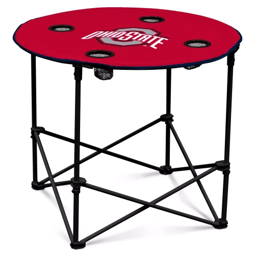 A portable red folding tailgate table featuring a black collapsible metal frame, four built-in cup holders, and the Ohio State logo on the top surface with a white background.