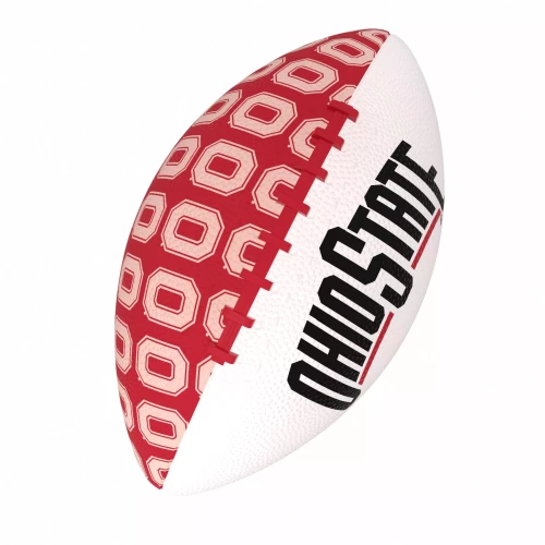 white and red rubber football with an ohio state wordmark on the side