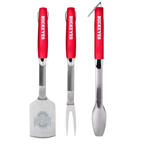 A three-piece stainless steel grilling tool set featuring red handles with the white 