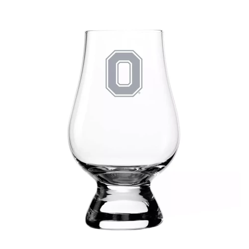 a tulip whiskey glass with a block O on the front 
