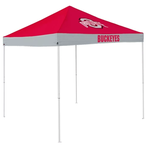 Scarlet and gray tent with an ohio state logo on the top 