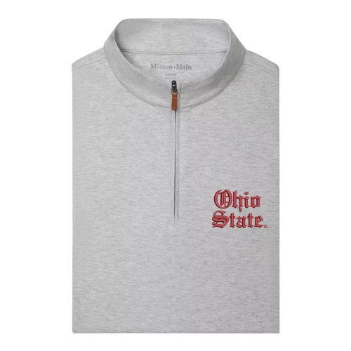Gray Quarter Zip with red Ohio State script on the left side of the chest on a white background