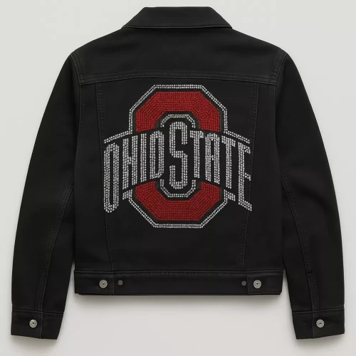 black denim jacket with ohio state logo on the back in rhinestones