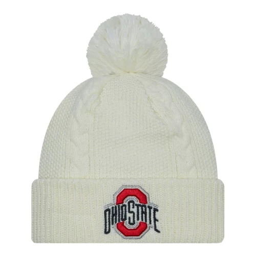 a cable knit white hat with a puff on top. an ohio state mark on the front 