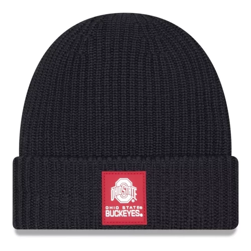 Black beanie with a red patch on the front that reads 