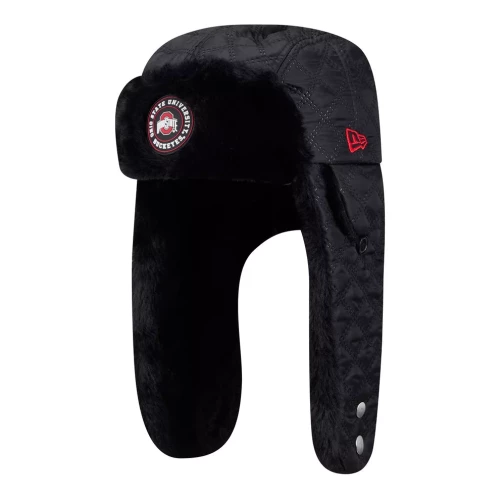 black quilted trapper hat with an ohio state logo on the front