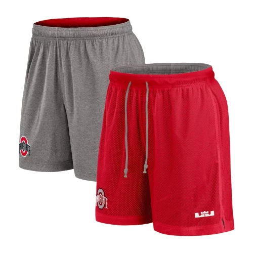 A pair of red and gray mesh athletic shorts featuring the white Ohio State logo on the right leg.