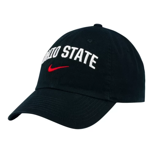 black hat with white ohio state logo across the front and red nike logo 