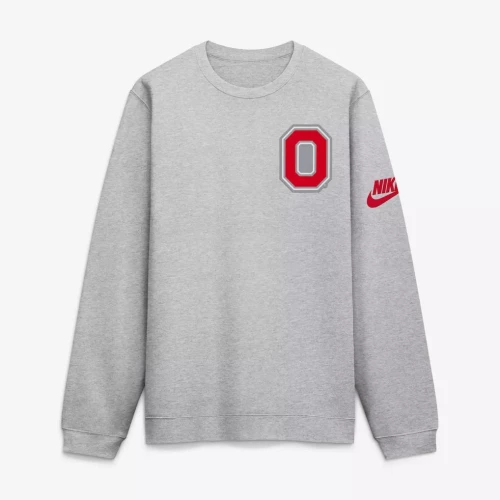 A gray Ohio State Buckeyes crewneck sweatshirt featuring a red block 