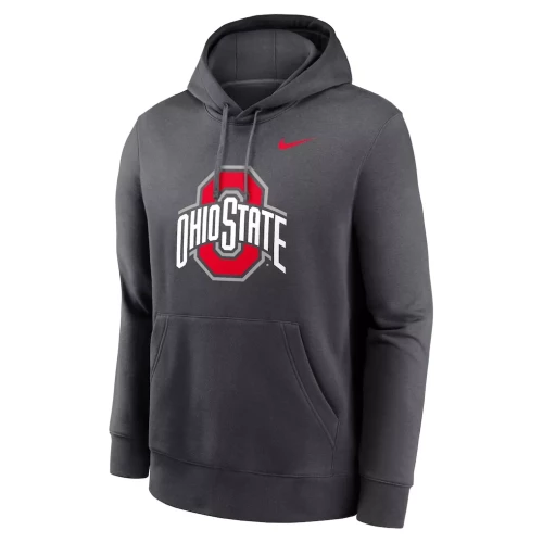 A dark gray Ohio State Buckeyes Nike pullover hoodie featuring the official logo across the chest and a red Nike Swoosh on the upper chest against a clean white background.