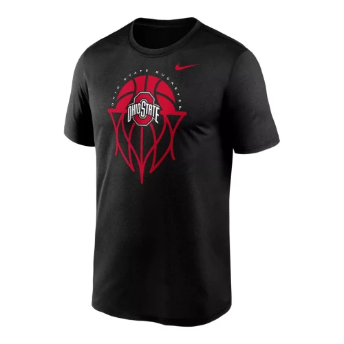 black nike shirt with red basketball graphic on center chest on a white background