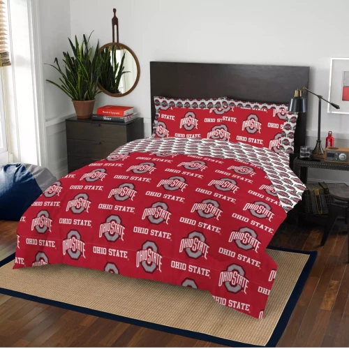 ohio state bedding bundle on a bed in a bedroom 